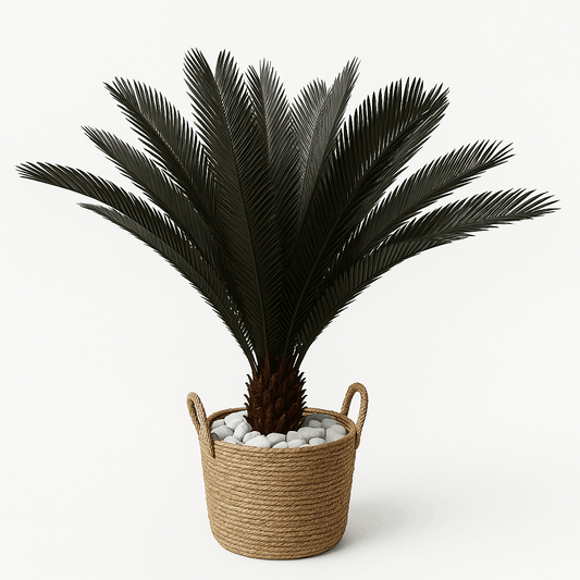 Künstliche Zypresse in einem dekorativen Korb, mediterranes Design für innen und außen.