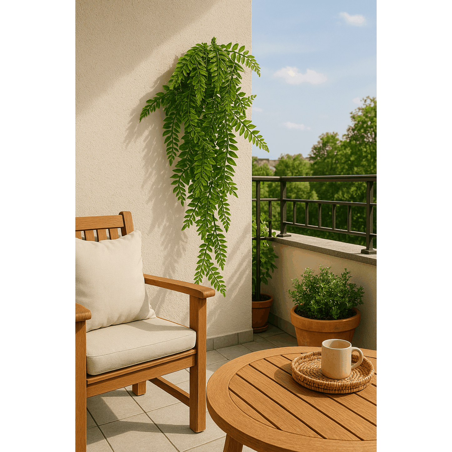 Kunstpflanze - Farne Wanddekoration Hängepflanze - Studio Verde in einem modernen Balkon-Setting.