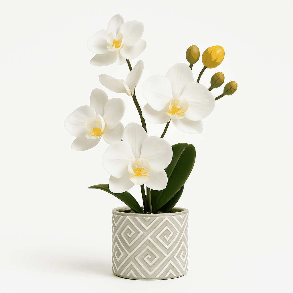 Kunstpflanze - Orchideen Kunstpflanze - Studio Verde in dekorativem Topf mit weißen Blüten und Knospen.