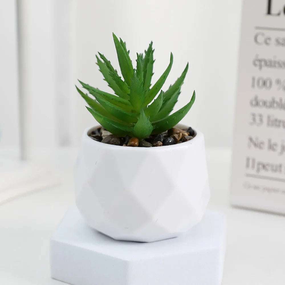 Kunstpflanze - Sukkulenten Bonsai Mini Kunstpflanzen - Studio Verde in modernem weißen Topf mit Steinen.